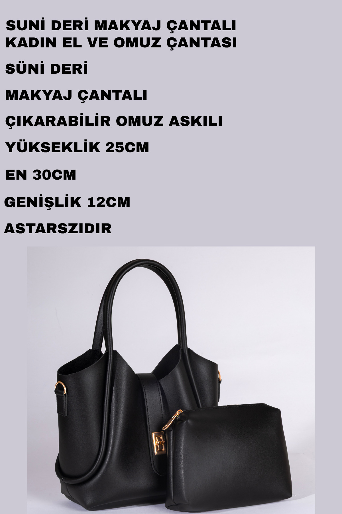 macsoo Kadın Siyah Kilit Detaylı 2'li Set El Omuz çantası ve Makyaj çantası - Görsel 2