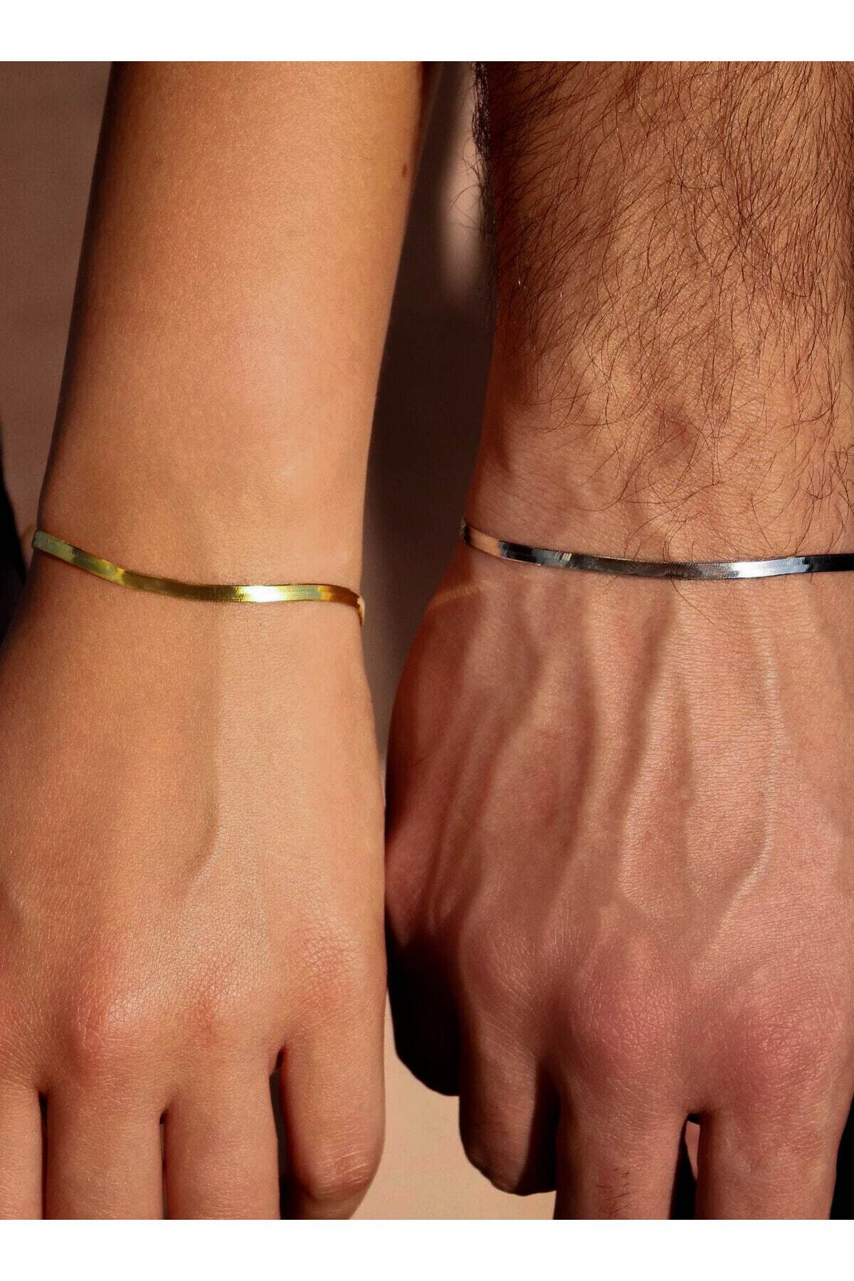 The Collection Unisex Kararmaz Çelik 2'li Yassı İtalyan Arkadaşlık Sevgili Çift Bilekliği