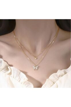 toptanhanem Çift Katlı Kadın Kelebek Kolye - Kararmaz Altın Kaplama