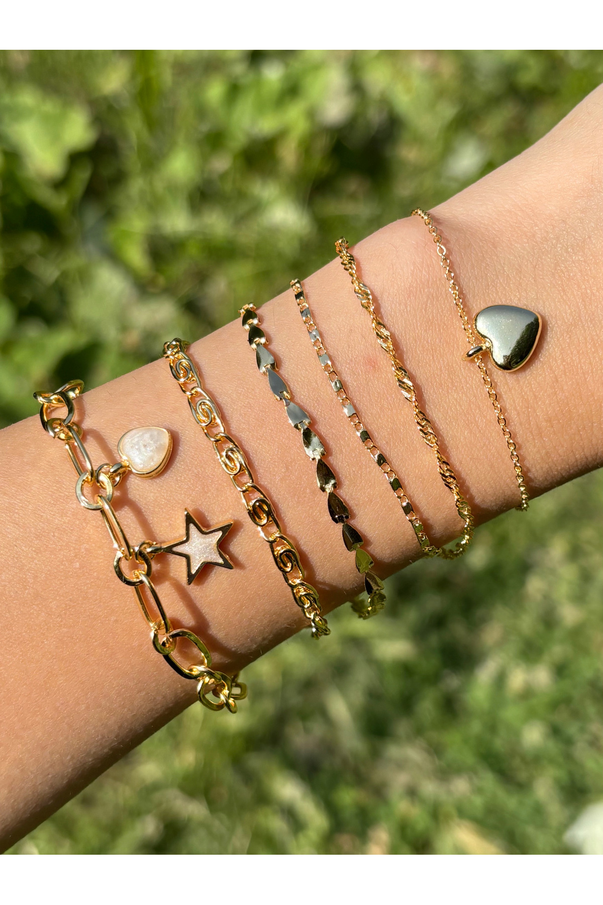 Eylülün Takısı Kadın Gold Renk 6 lı Kalp Yıldız Bileklik Zincir Seti
