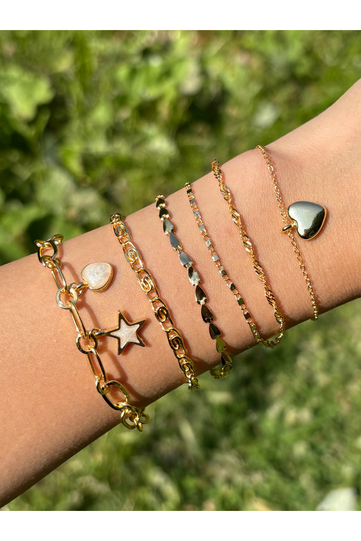 Eylülün Takısı Kadın Gold Renk 6 lı Kalp Yıldız Bileklik Zincir Seti - Görsel 2