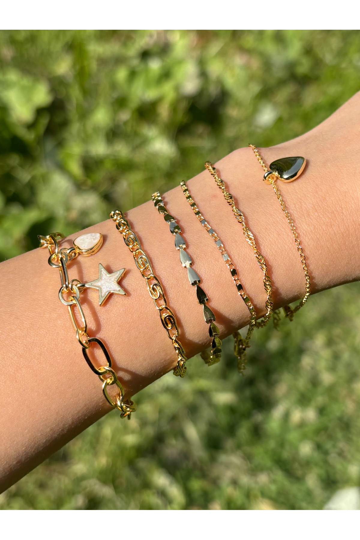 Eylülün Takısı Kadın Gold Renk 6 lı Kalp Yıldız Bileklik Zincir Seti - Görsel 3