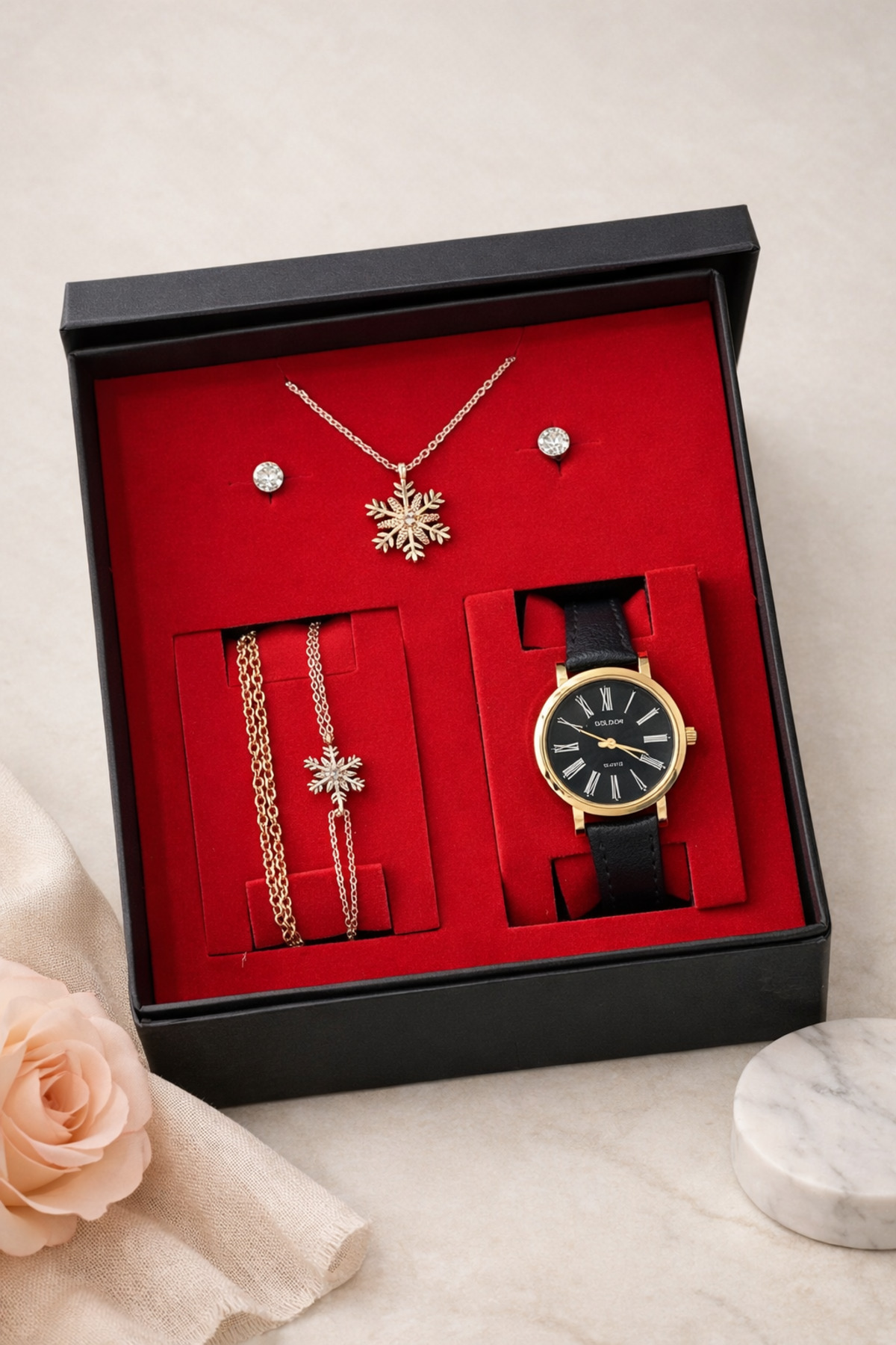 wesscollection Kadın Kol Saati Kolye Bileklik Ve Küpe Seti - GOLD SİYAH