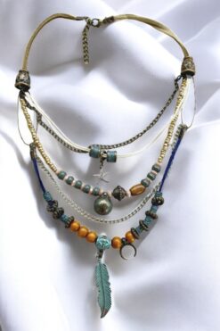 PETEK AKSESUAR Etnik Bohem Tüy Hilal Çoklu Tasarım Kolye