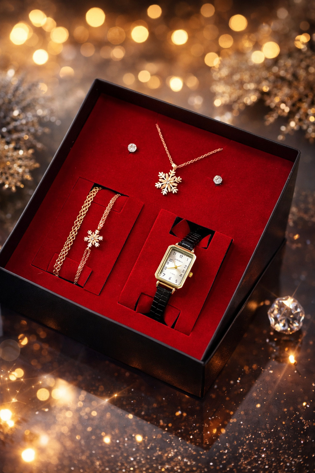 wesscollection Kadın Kol Saati Kolye Bileklik Ve Küpe Seti SİYAH-GOLD