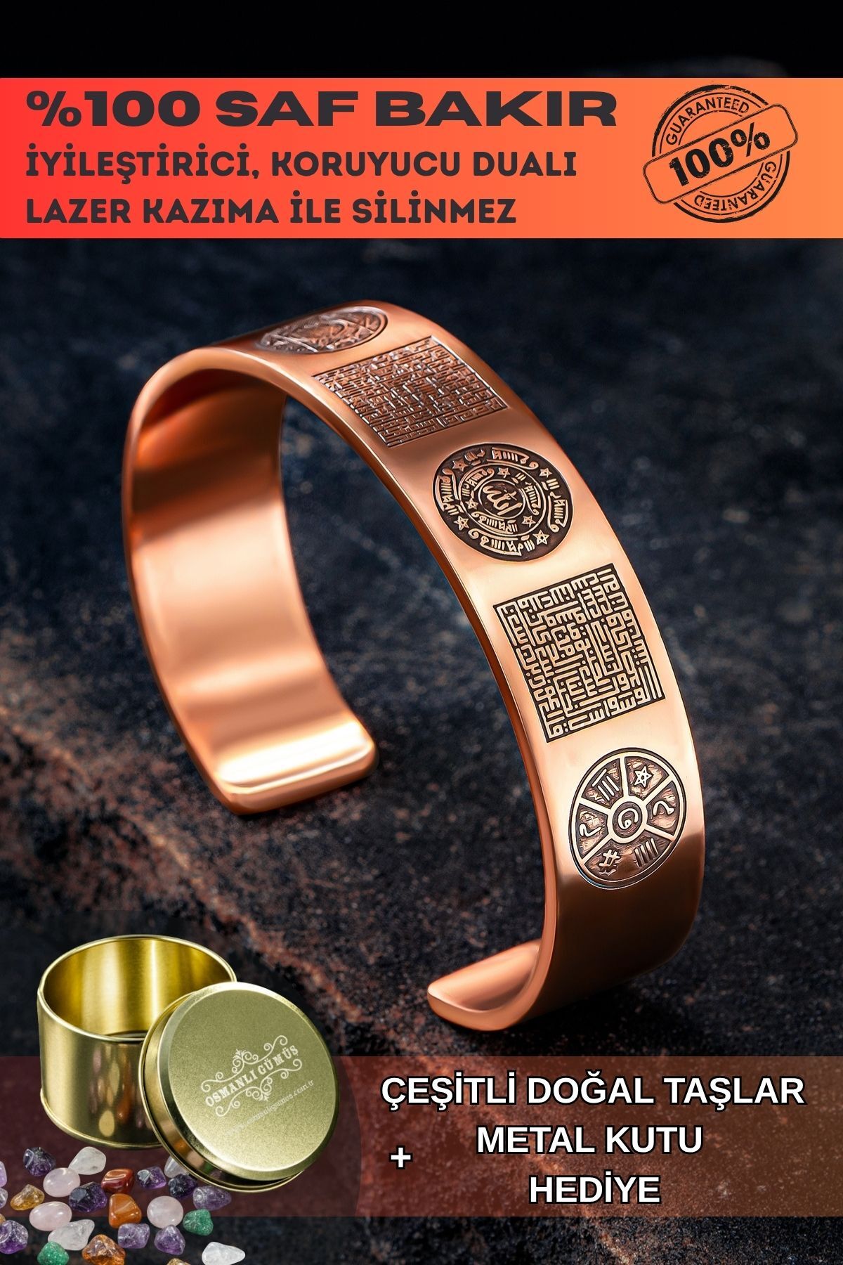 OSMANLI GÜMÜŞ Bakır Bileklik Silinmez Zırh Koruma Dualı Celcelutiye Metal Kutu Kuvars Taş Kadın Erkek Bilezik