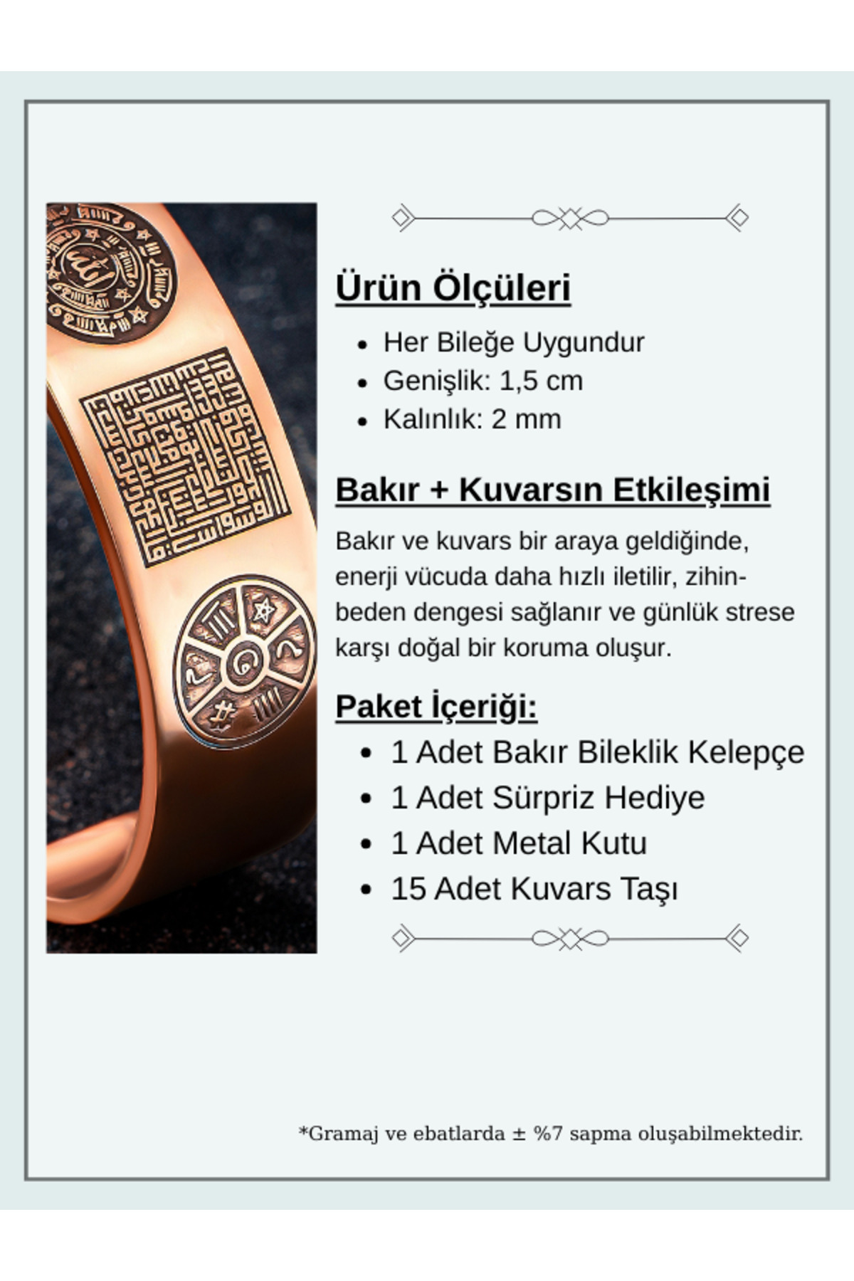 OSMANLI GÜMÜŞ Bakır Bileklik Silinmez Zırh Koruma Dualı Celcelutiye Metal Kutu Kuvars Taş Kadın Erkek Bilezik - Görsel 2