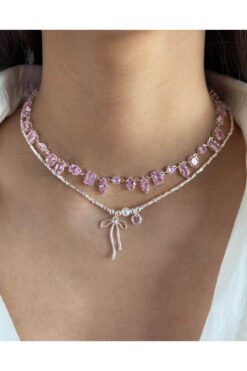 h&b design jewel Çelik Silver Pembe Baget Taşlı Choker