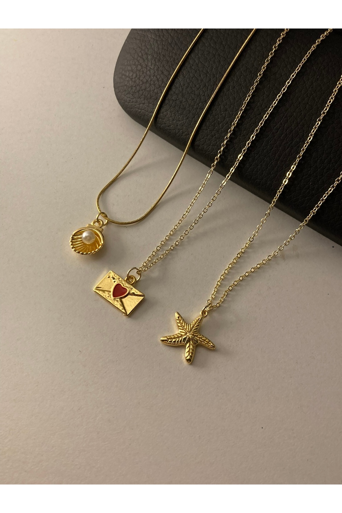 PURE BERRY 3LÜ İSTİRİDYE-DENİZ YILDIZI-MEKTUP SET GOLD RENK KARARMAZ SOLMAZ PASLANMAZ - Görsel 3