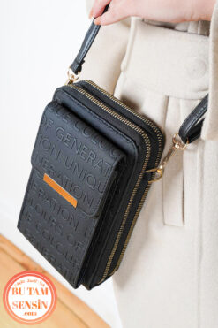 Bu Tam Sensin Siyah Kabartma Yazılı Kadın Mıknatıs Kapaklı Telefon Bölmeli Çapraz Askılı Cüzdan Çanta