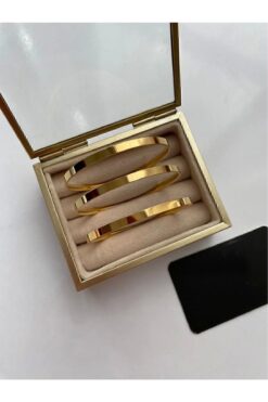 X-Lady Accessories Çelik Gold Detaylı 3’lü Kalın Düz Ajda Bilezik 6.5mm 22 Cm