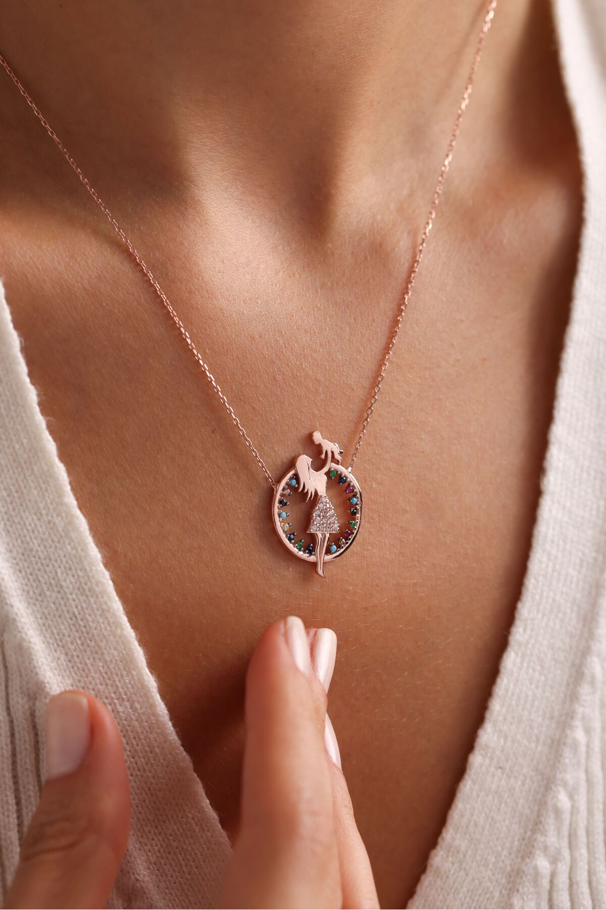 Nereze 925 Ayar Gümüş Rose Kaplama Mix Taşlı Anne Bebek Kolye - Görsel 2