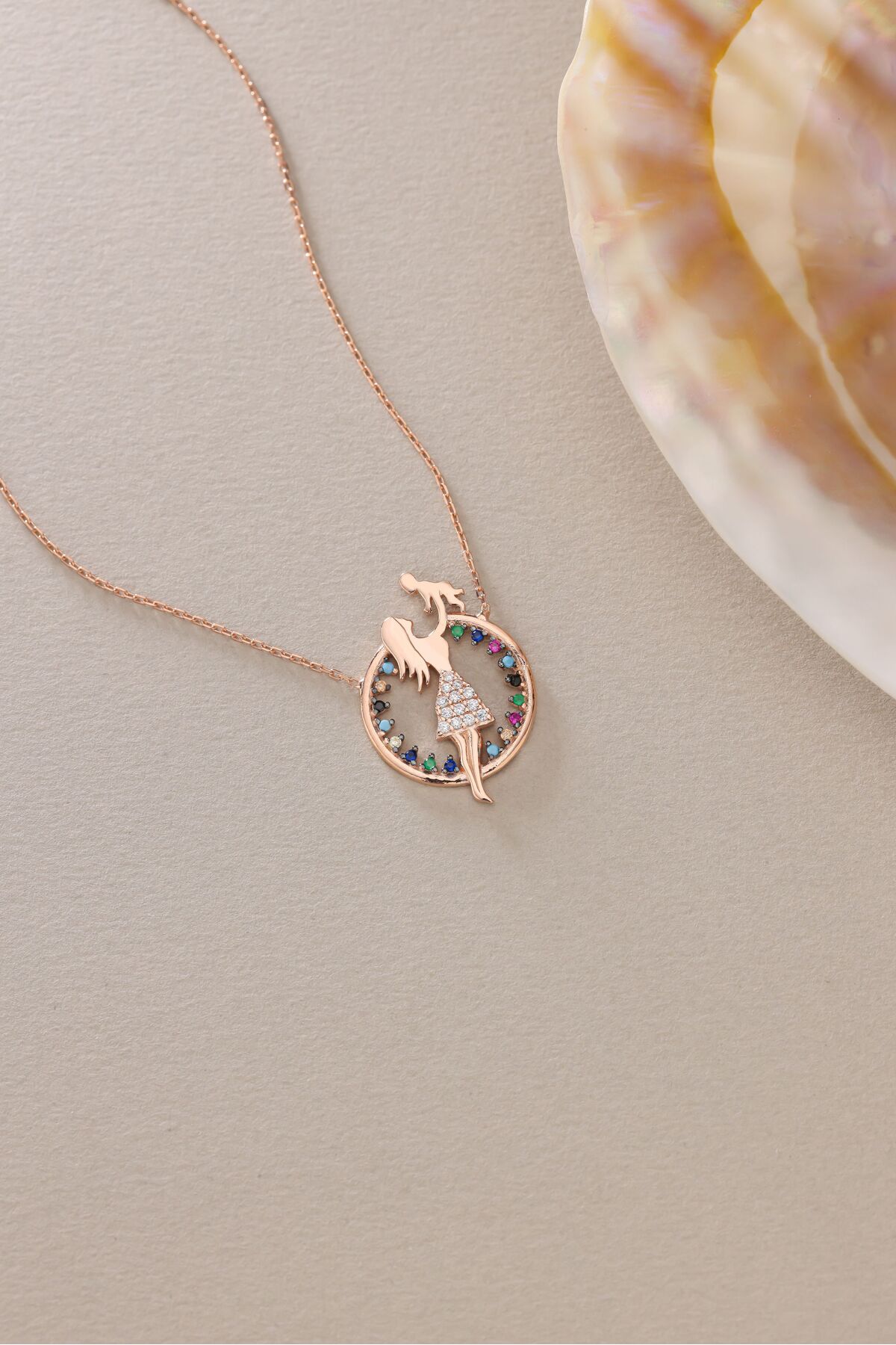 Nereze 925 Ayar Gümüş Rose Kaplama Mix Taşlı Anne Bebek Kolye - Görsel 3