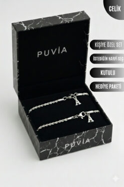 PUVİA 2'li Harfli Burgu Çelik Bileklik, Sevgili, Arkadaş Bilekliği