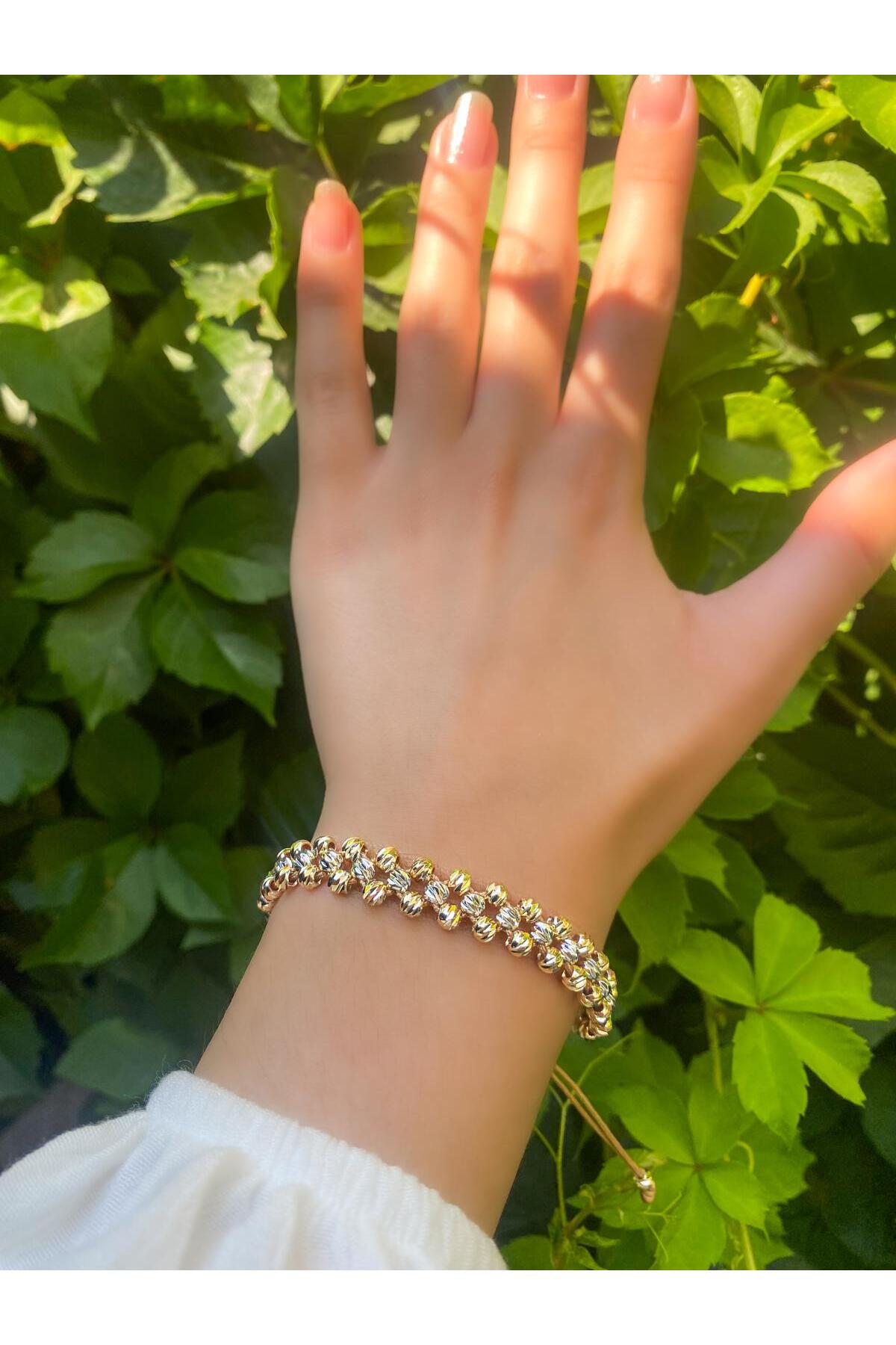 DEMOKAN Kadın Bileklik Asansör Model Dorika Taş İki Renk Örgü Ayarlanabilir Bileklik - Görsel 2
