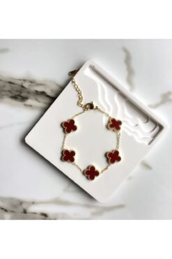 Ervalina Ayarlanabilir Yonca Yapraklı Çelik Bileklik Altın Kırmızı Rengi