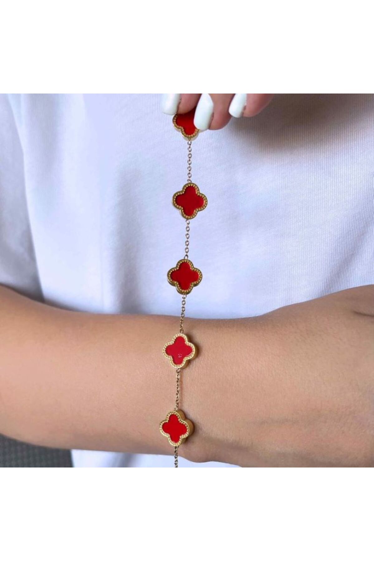 Ervalina Ayarlanabilir Yonca Yapraklı Çelik Bileklik Altın Kırmızı Rengi - Görsel 3