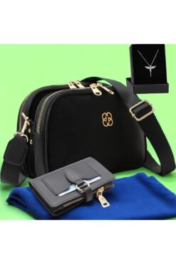 Givenza Kadın Siyah Çapraz Çanta & Cüzdan & Kolye 3'lü Kombin Seti – Şık Hediye Kutulu