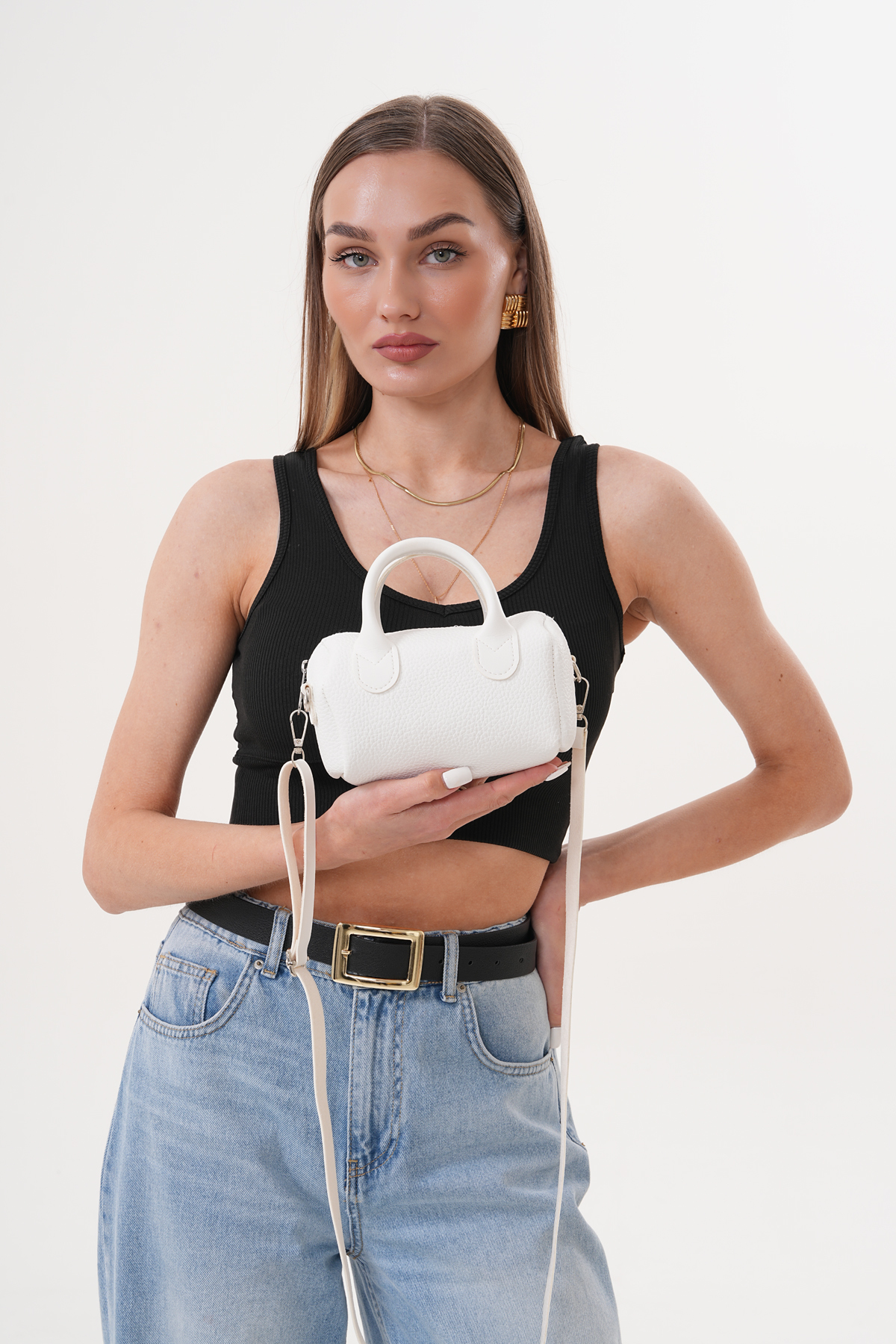 Güce Beyaz Kadın Mini Küçük El ve Omuz Çantası Ayarlanabilir askılı Fermuarlı GC021001