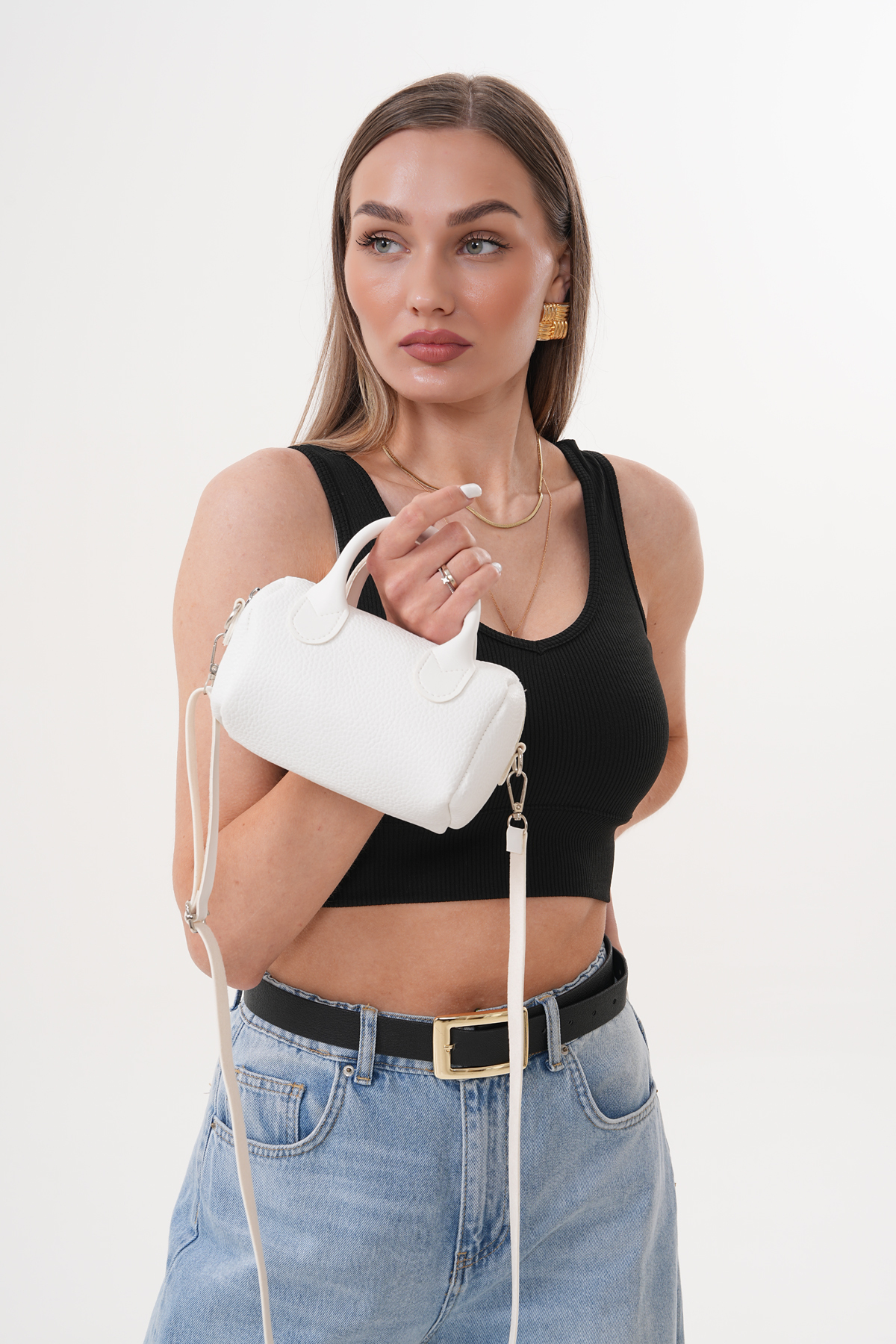 Güce Beyaz Kadın Mini Küçük El ve Omuz Çantası Ayarlanabilir askılı Fermuarlı GC021001 - Görsel 2