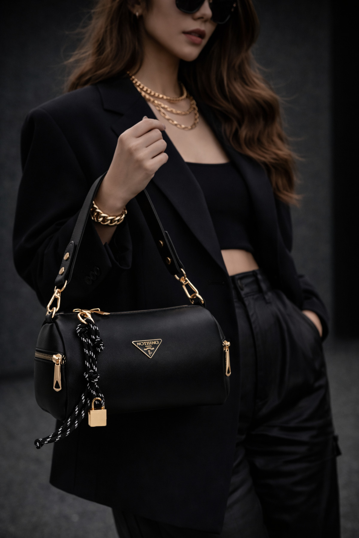 NOTHING Kadın Desensiz Siyah Kilit Charm Detaylı El Omuz ve Çapraz Çanta Alice - Görsel 2