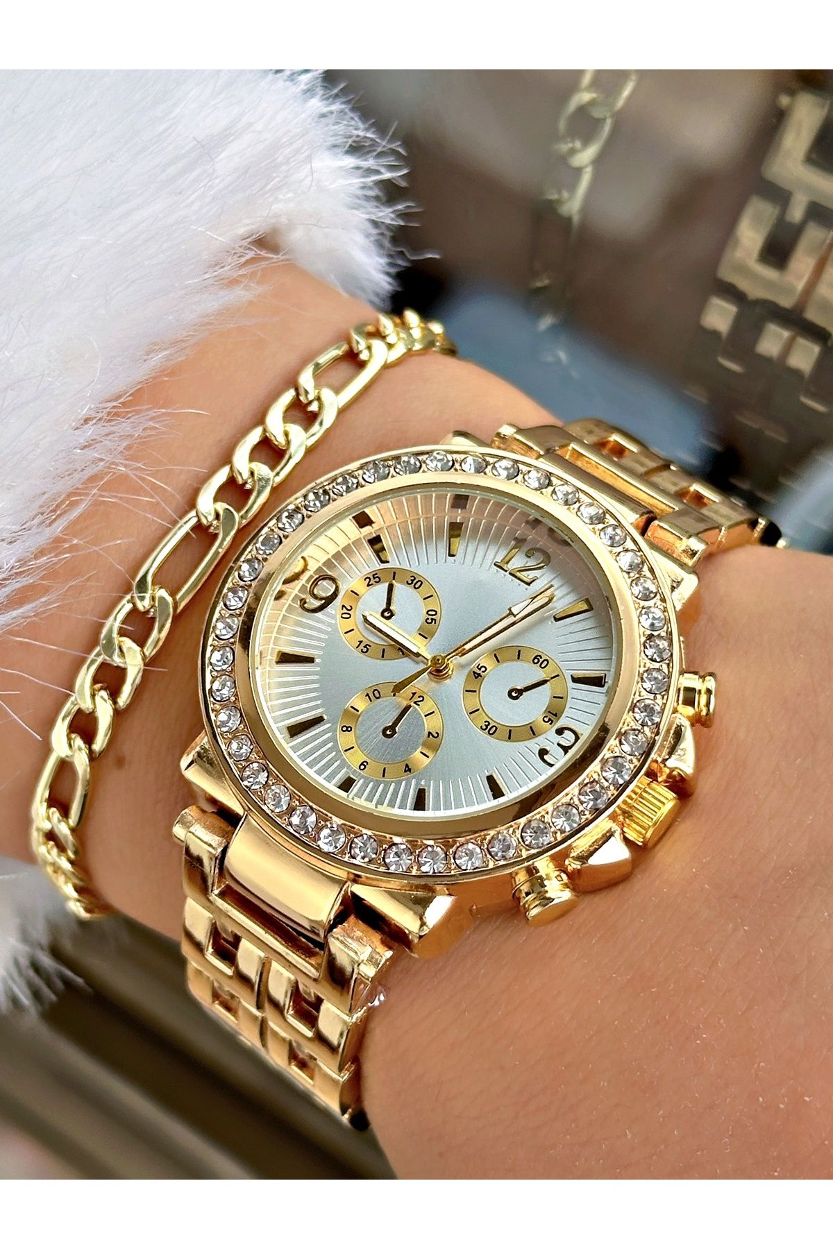 Tisaati Özel Seri Taşlı Metal Kordon Lüks Tasarım Kadın Kol Saati-Bileklik Hediyeli