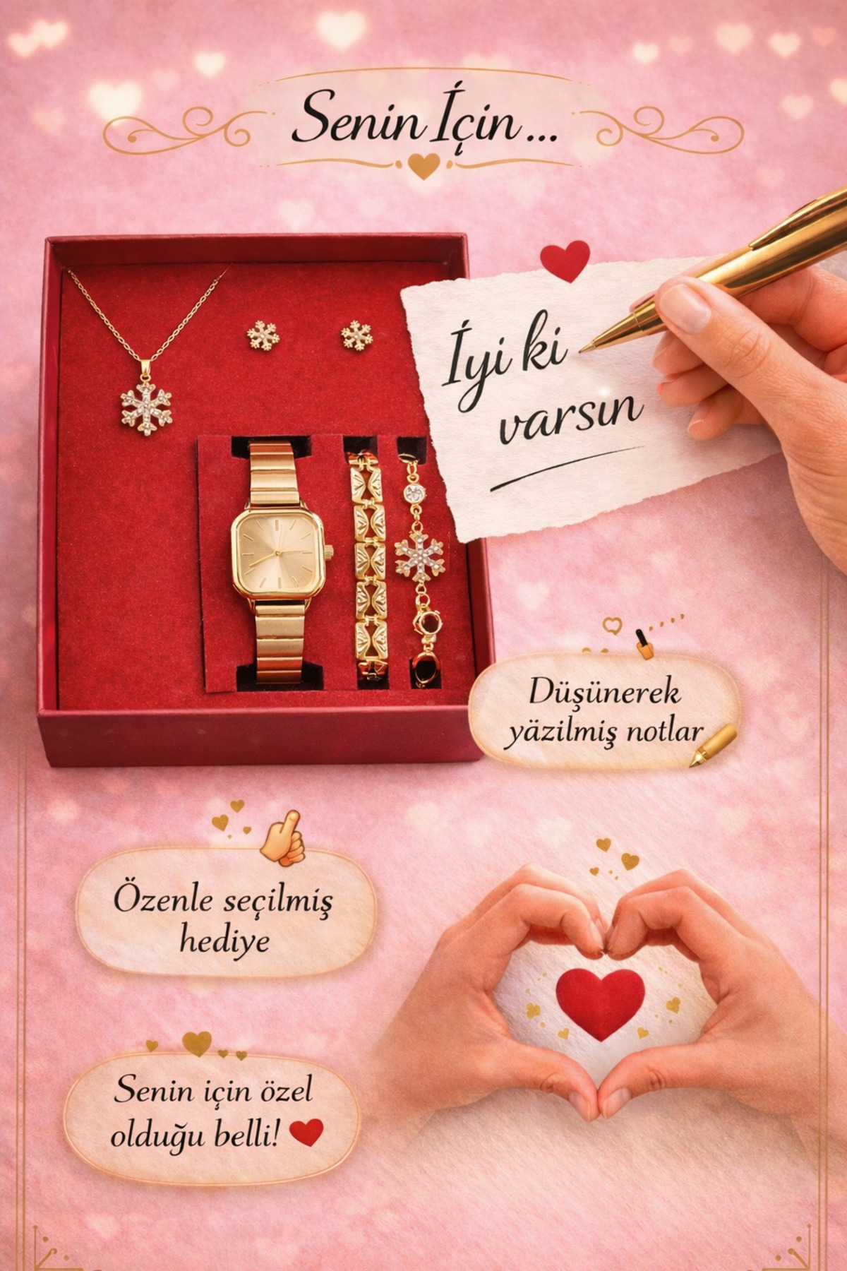 Arzu Butik Kadın Kol Saati Saat, Bileklik, Kolye, Küpe Hediye Seti - Görsel 3