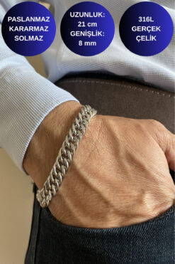 axexuar Paslanmaz Çelik Erkek Kalın Örme Model Zincir Bileklik Parlak Gümüş Gri Gümüş 21 Cm