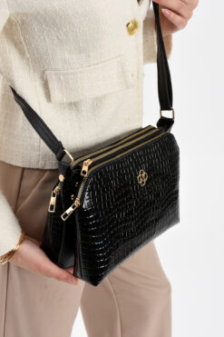 mugalas Siyah Taş Kroko Desenli Üç Bölmeli Omuz Çapraz Askılı Kaliteli Çanta