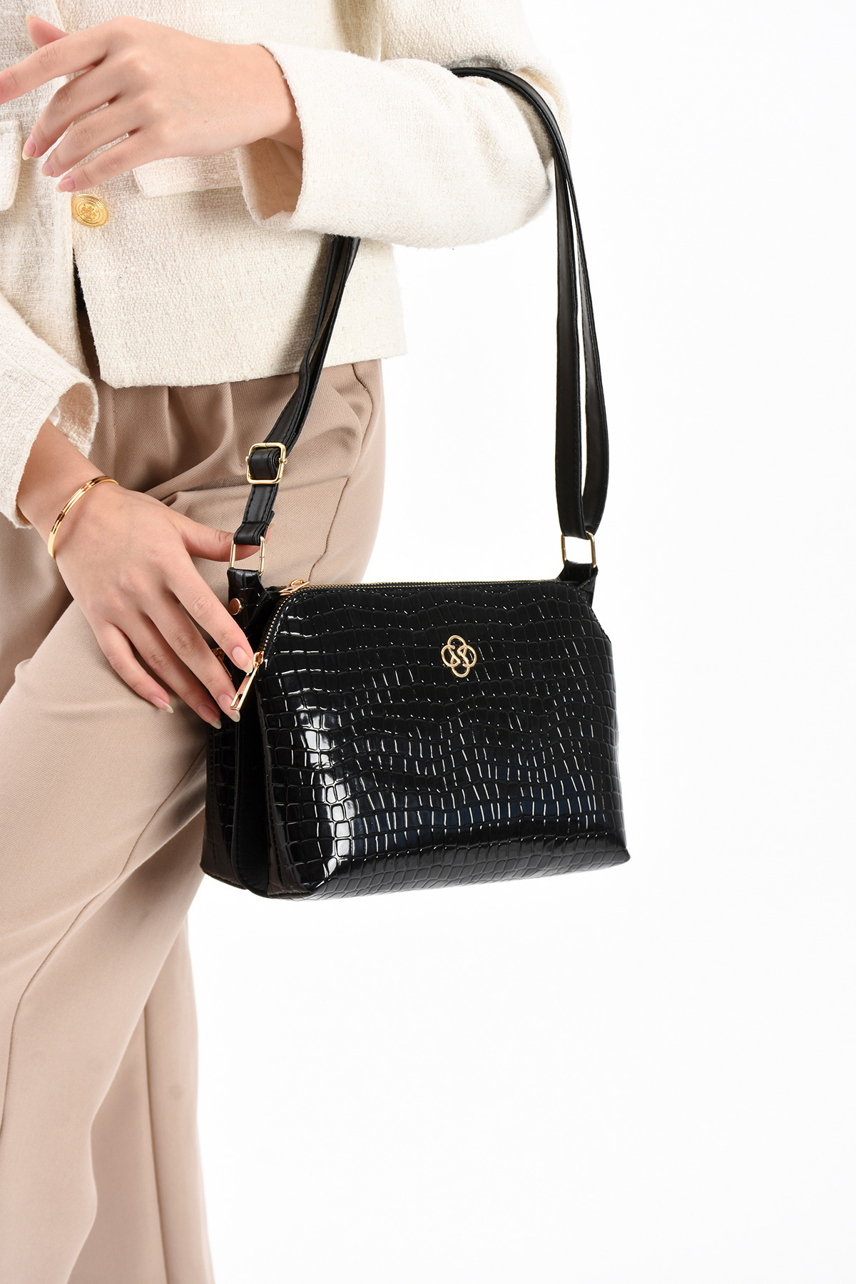 mugalas Siyah Taş Kroko Desenli Üç Bölmeli Omuz Çapraz Askılı Kaliteli Çanta - Görsel 3