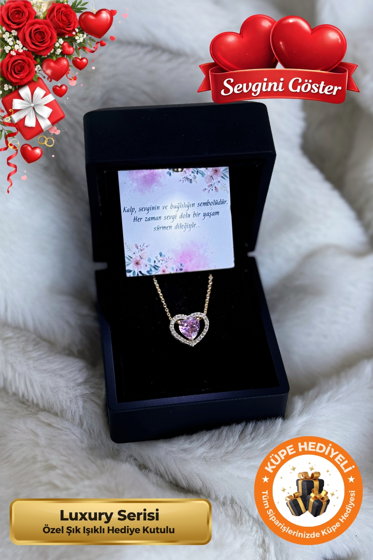 Lucente Jewellery Işıklı Hediye Kutulu Taşlı Kalp Aşk 925 Ayar Gümüş Kaplama Sevgililer Günü Kadın Kalpli Kolye Pembe