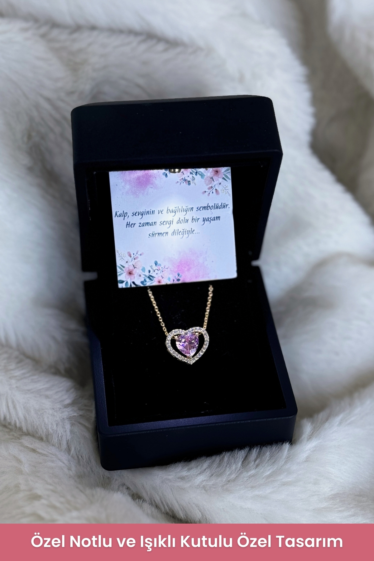 Lucente Jewellery Işıklı Hediye Kutulu Taşlı Kalp Aşk 925 Ayar Gümüş Kaplama Sevgililer Günü Kadın Kalpli Kolye Pembe - Görsel 3