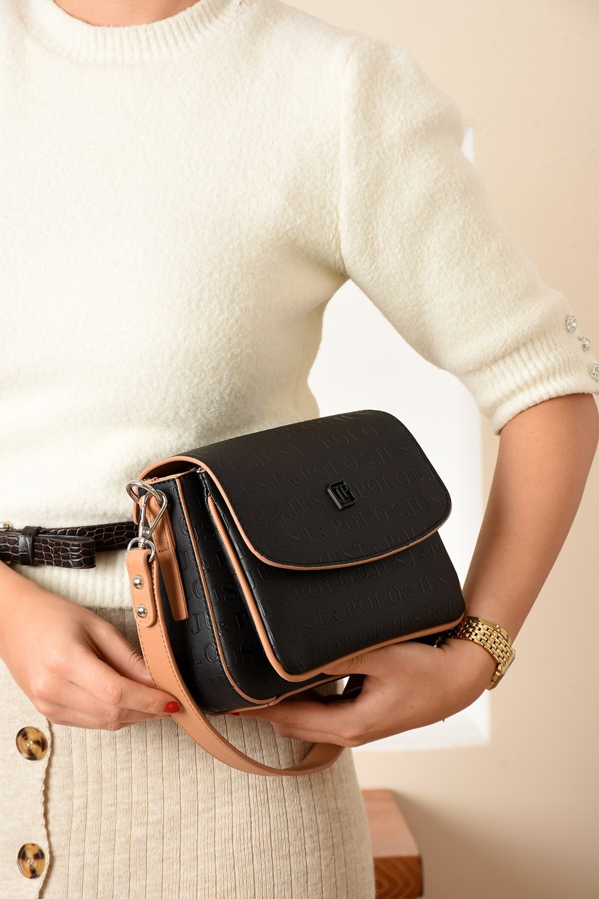 Just Polo Yeni Sezon Kolon Askılı 4 Bölmeli Siyah Taba Kadın Omuz Çantası 21x16cm PBU2174 - Görsel 2