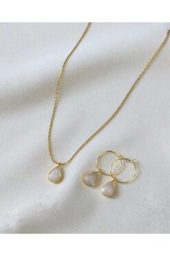 Asia by Leuvoié Doğal Sedef Taşlı Damla Kolye Ve Küpe Seti