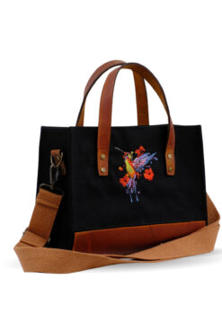 Wings Of Simurg Arı Kuşu Nakışlı Hakiki Deri-Kanvas (Siyah-Küçük boy) Çanta