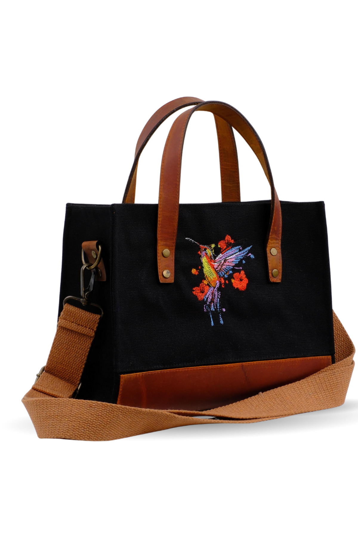 Wings Of Simurg Arı Kuşu Nakışlı Hakiki Deri-Kanvas (Siyah-Küçük boy) Çanta