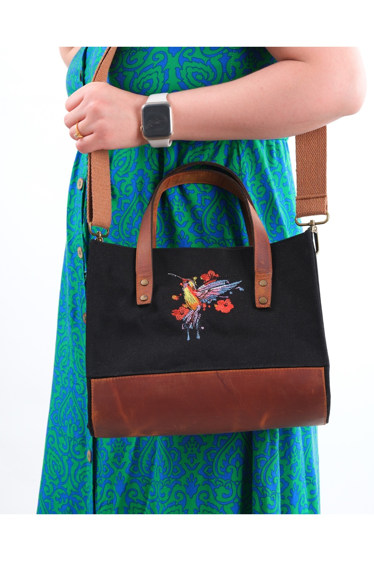 Wings Of Simurg Arı Kuşu Nakışlı Hakiki Deri-Kanvas (Siyah-Küçük boy) Çanta - Görsel 2