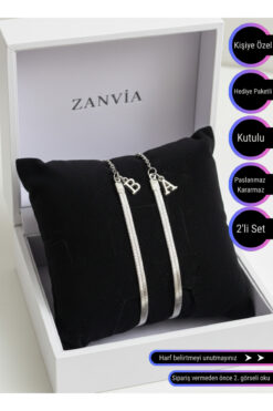 ZANVİA Kararmaz Çelik 2’li Harfli Italyan Arkadaş, Sevgili, Çift Bilekliği Paslanmaz Gümüş Renk