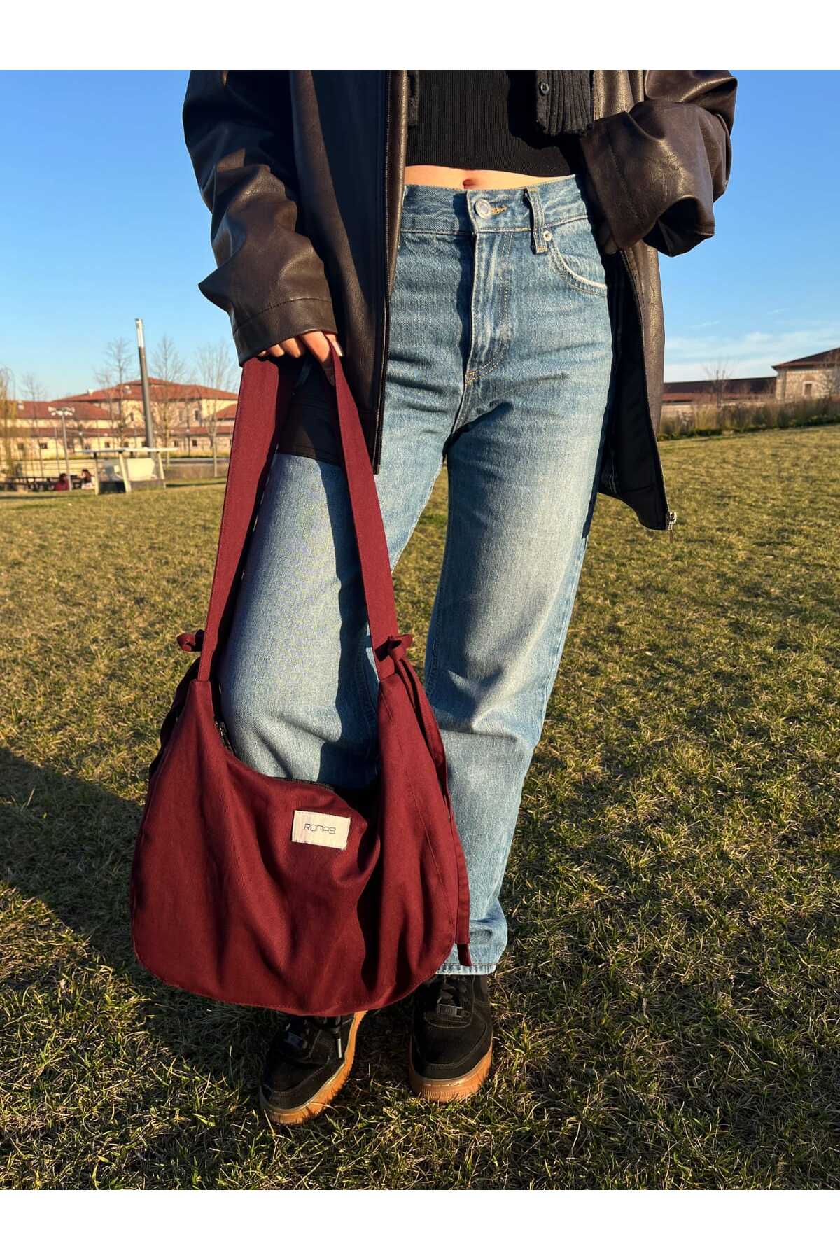 RONASBAG Bow Bag Bordo Kadın Astarlı Içi Gözlü Fiyonk Detaylı Fermuarlı Baget Kol Çantası