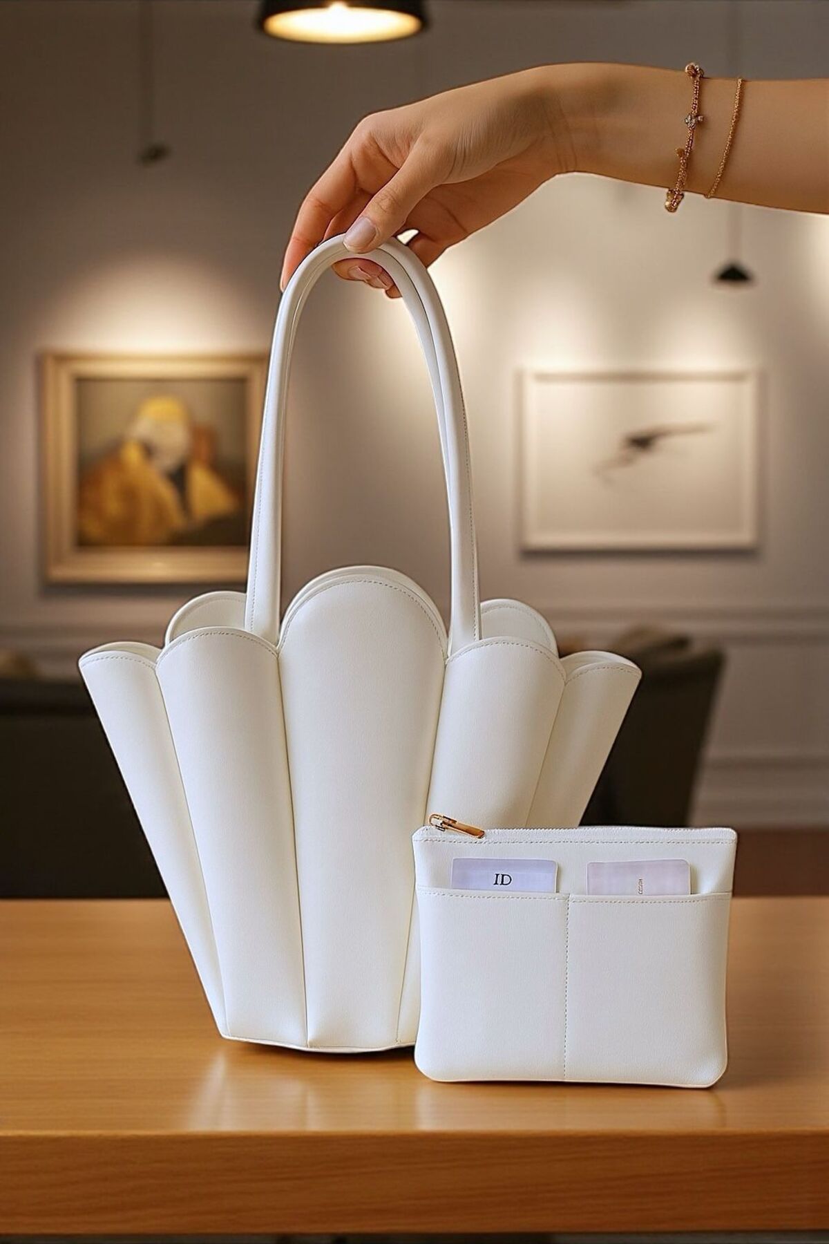 Katusa Kadın Manolya Beyaz Cüzdanlı Tasarım Omuz Çantası