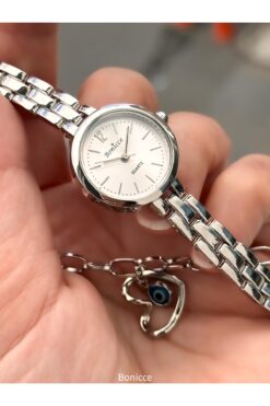 Bonicce Marka Retro Model, Minimal Kasa, Gümüş Renk Kordon,Kadın KolSaati+Bileklik
