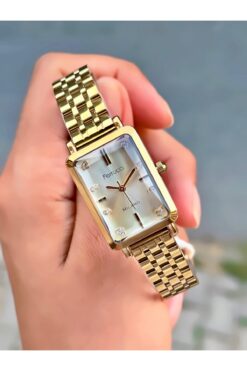 Ferrucci Kadın Kol Saati Dikdörtgen Model Altın Renk Kesme Cam Çelik Kordon Su Geçirmez Bileklik Hediyeli