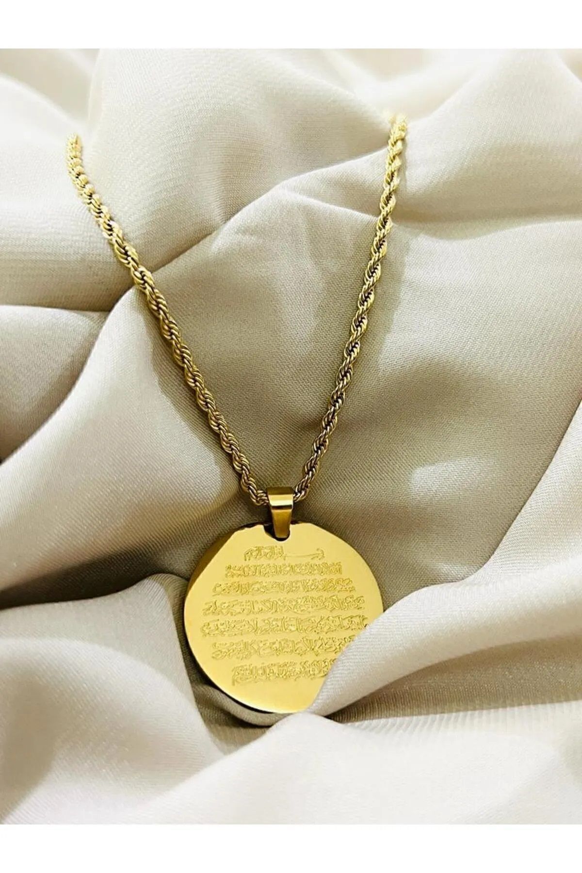 ay tasarım51 Ayetel Kürsü Işlemeli Yazılı Gold Renk 316l Çelik Kolye Karama Yapmaz Hediye - Görsel 2
