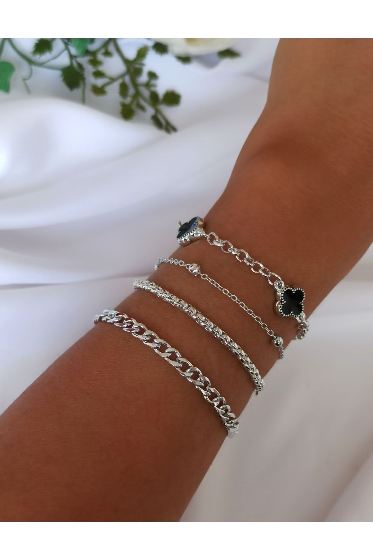 DENİZDENAL Silver Kaplamali Yonca Şans Bileklik 4 lü Set