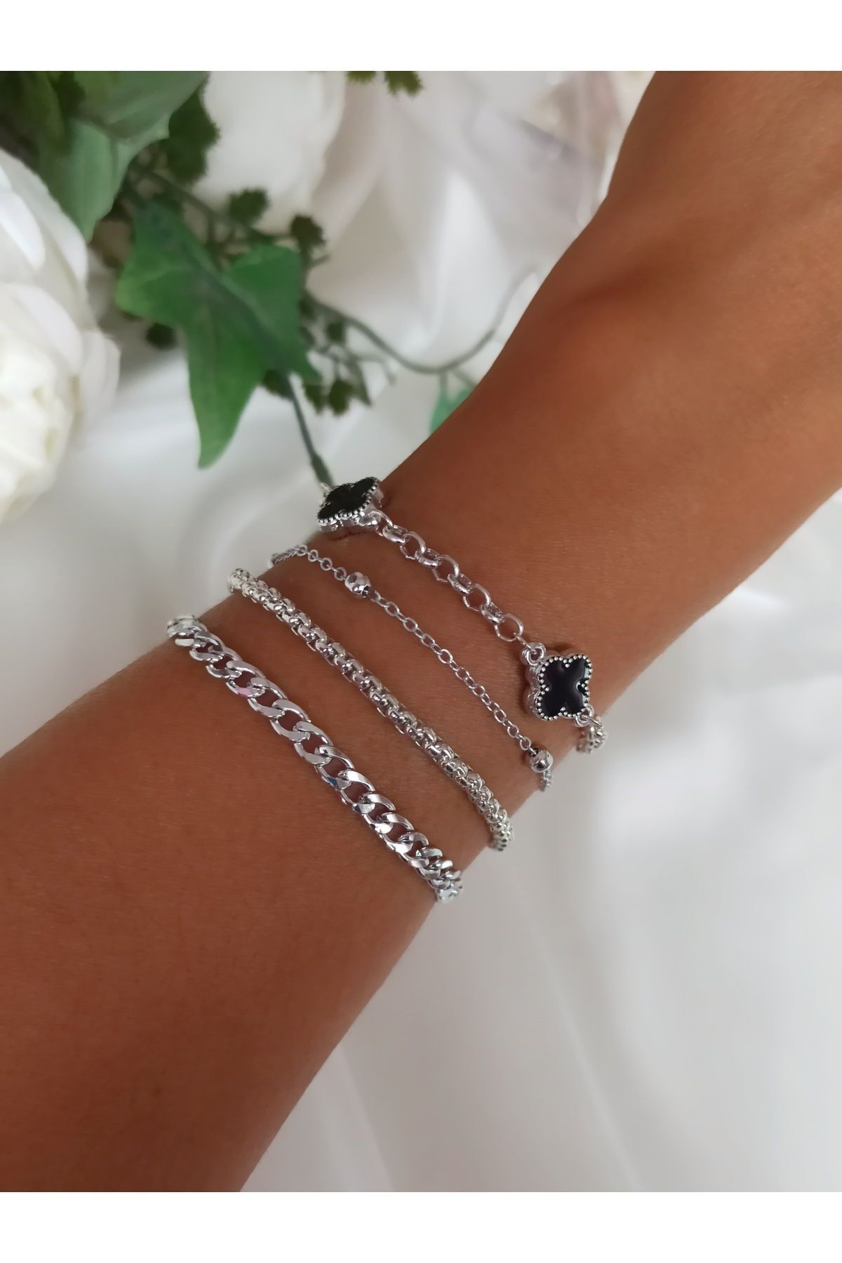 DENİZDENAL Silver Kaplamali Yonca Şans Bileklik 4 lü Set - Görsel 2