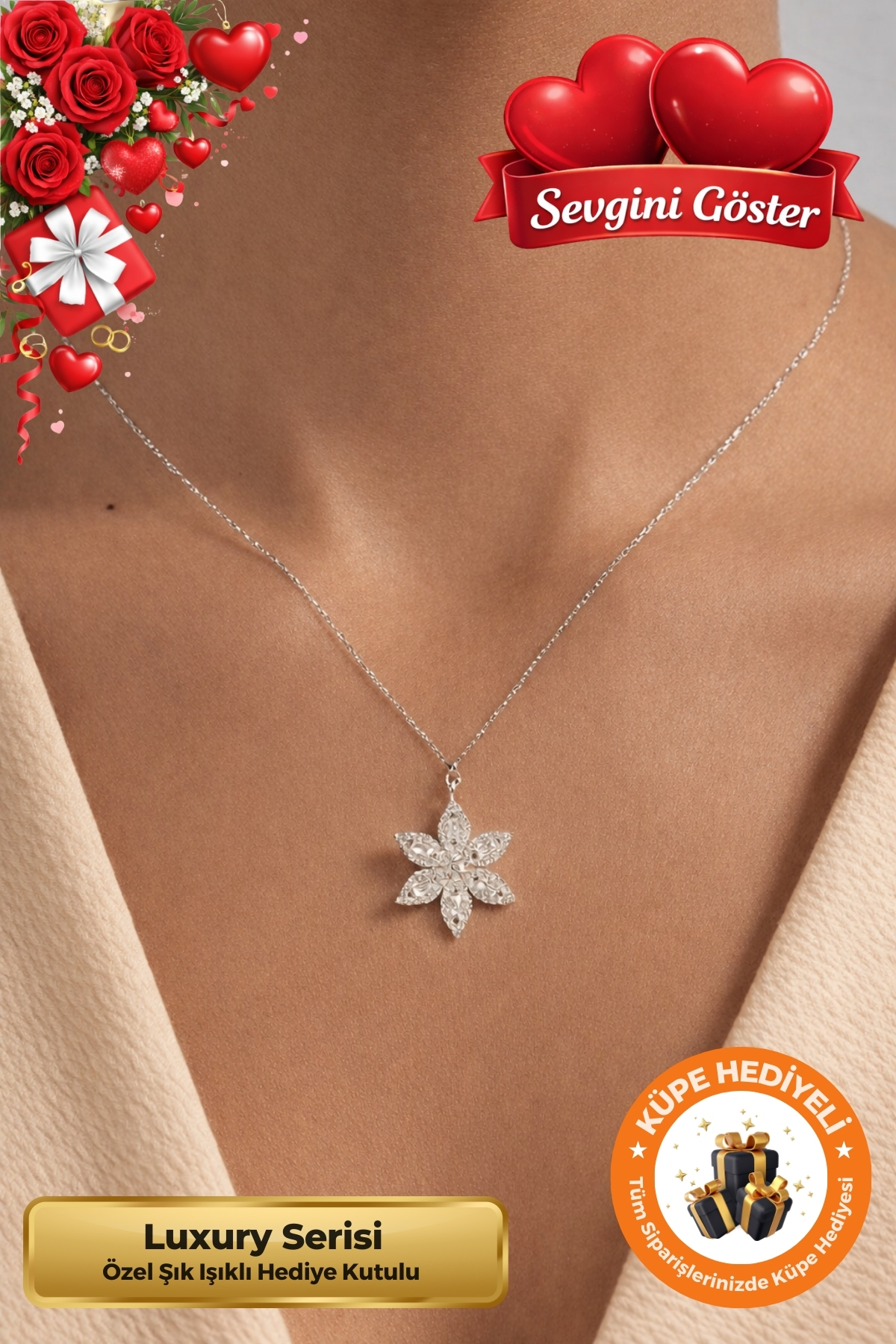 Lucente Jewellery Işıklı Hediye Kutulu Baget Taşlı Lotus Çiçeği 925 Gümüş Kap. 14 Şubat Sevgililer Günü Hediyesi Kolye