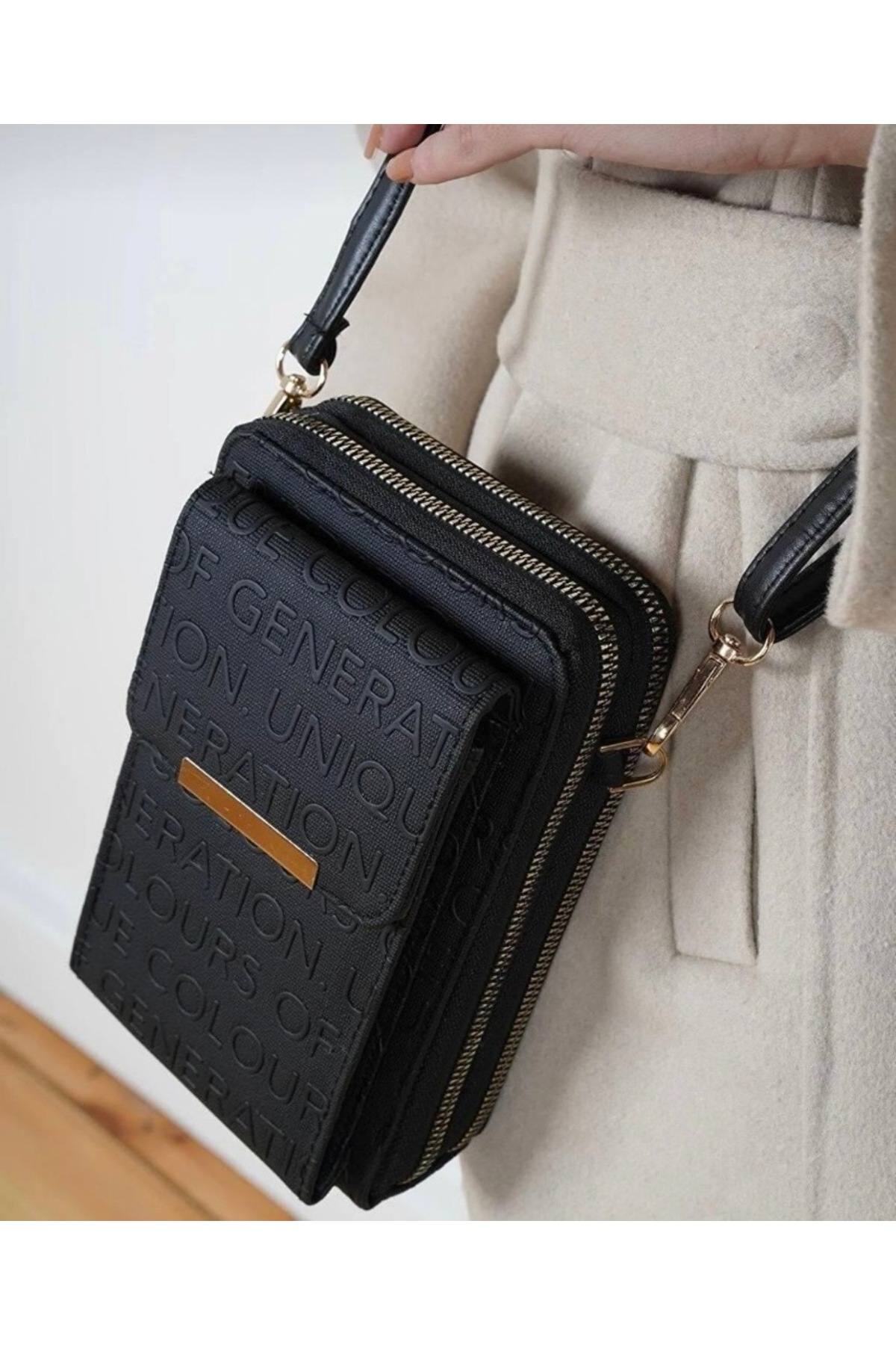 Genel Markalar Eşsiz Pazar Siyah Kadın Çapraz Askılı Telefon 3 Bölmeli Cüzdan Çanta