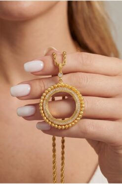 FerizZ Altın Kaplama Zirkon Taşlı Dorika Yuvarlak Tam Çerçeve Kolye Ucu Tgr-384