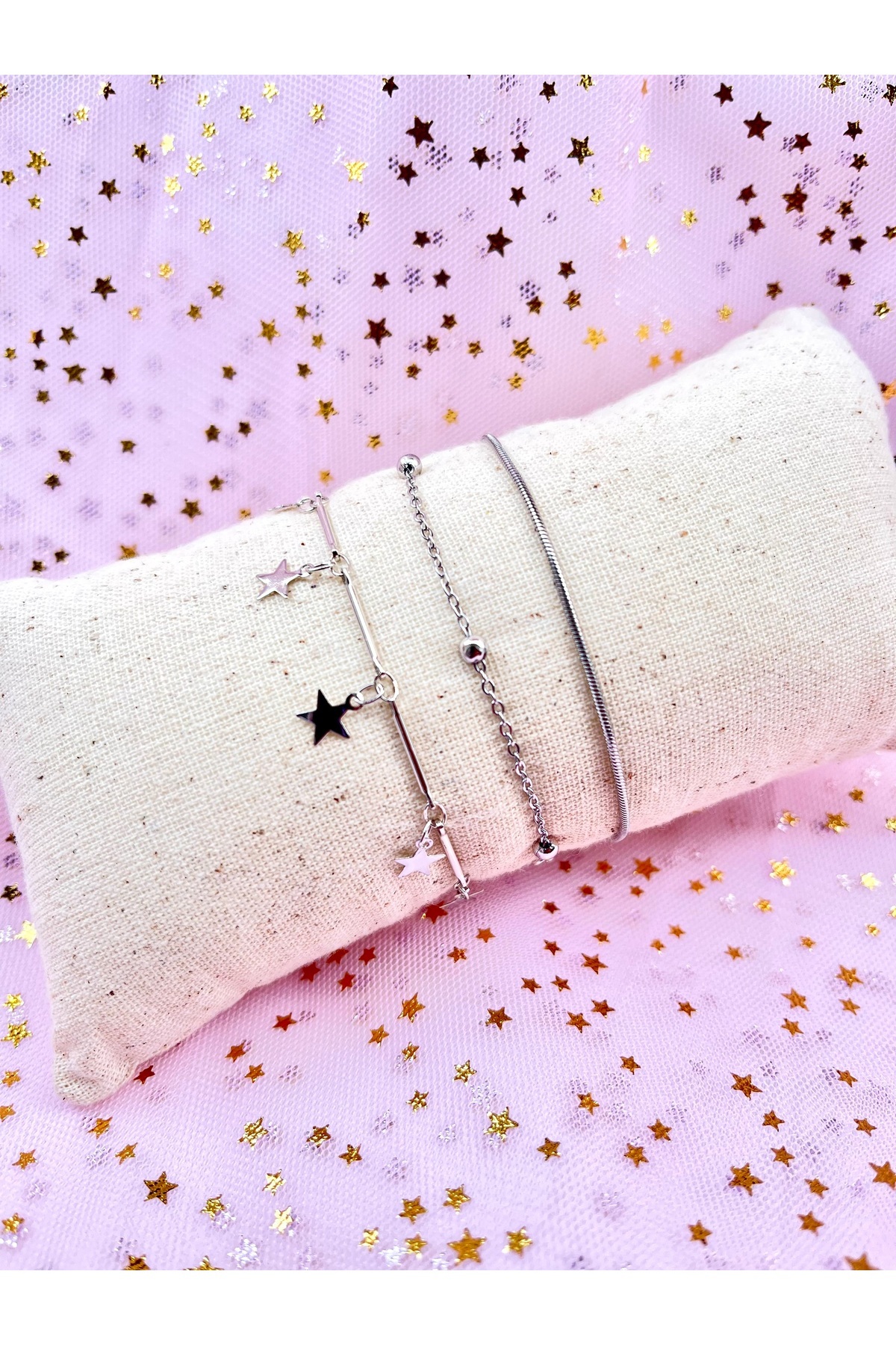 Alexis Carrel 3'lü Kadın Yıldız Bileklik Seti – Gümüş Renk Dorika Boncuklu Kombin Takı / Kombin Bileklik Takım - Görsel 2