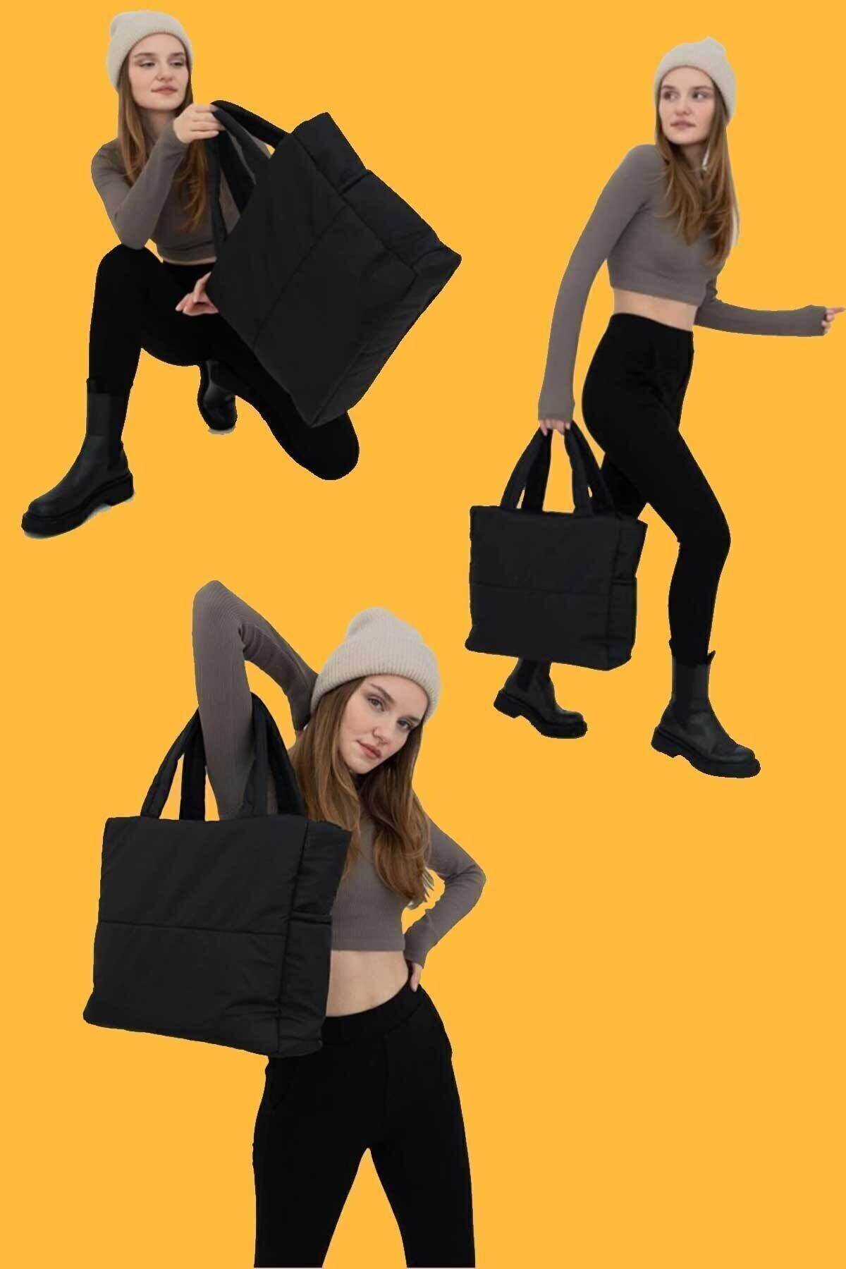 woys Siyah Kabartmalı Pamuklu Kumaş Shopper Çanta -Okul Omuz Çantası - Görsel 2